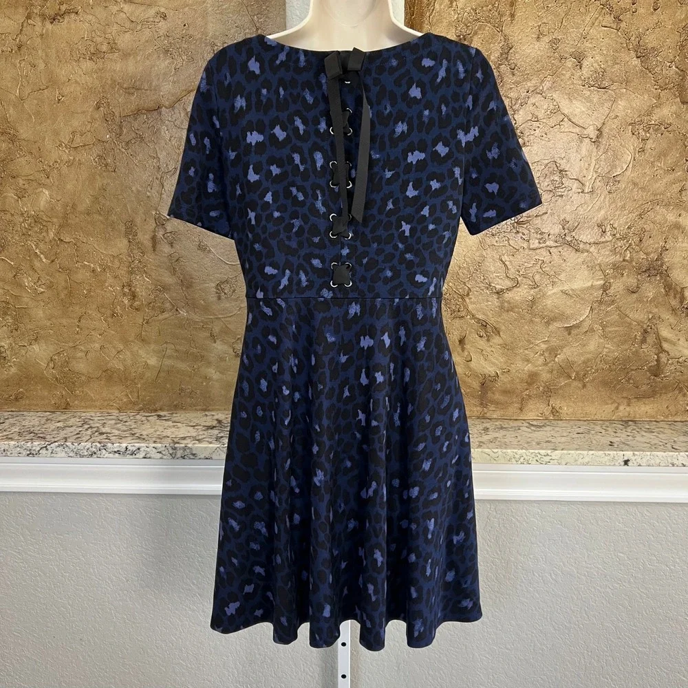 Kate Spade Fit Flare Dress Small Blue Leopard Print Lace Up Back Skater Preppy